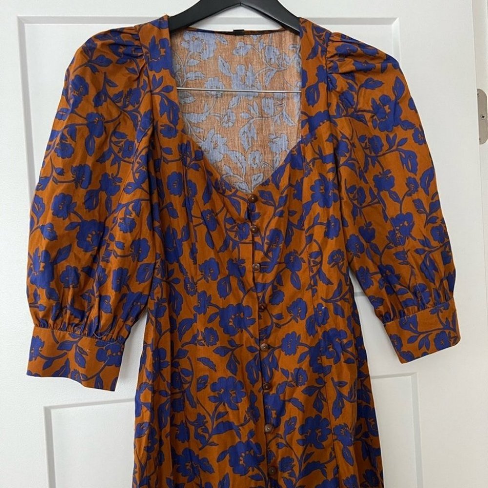 Zara Brown Blue Floral Printed Poplin Dress XS Blogger Favorite NEW with tags - Picture 5 of 9